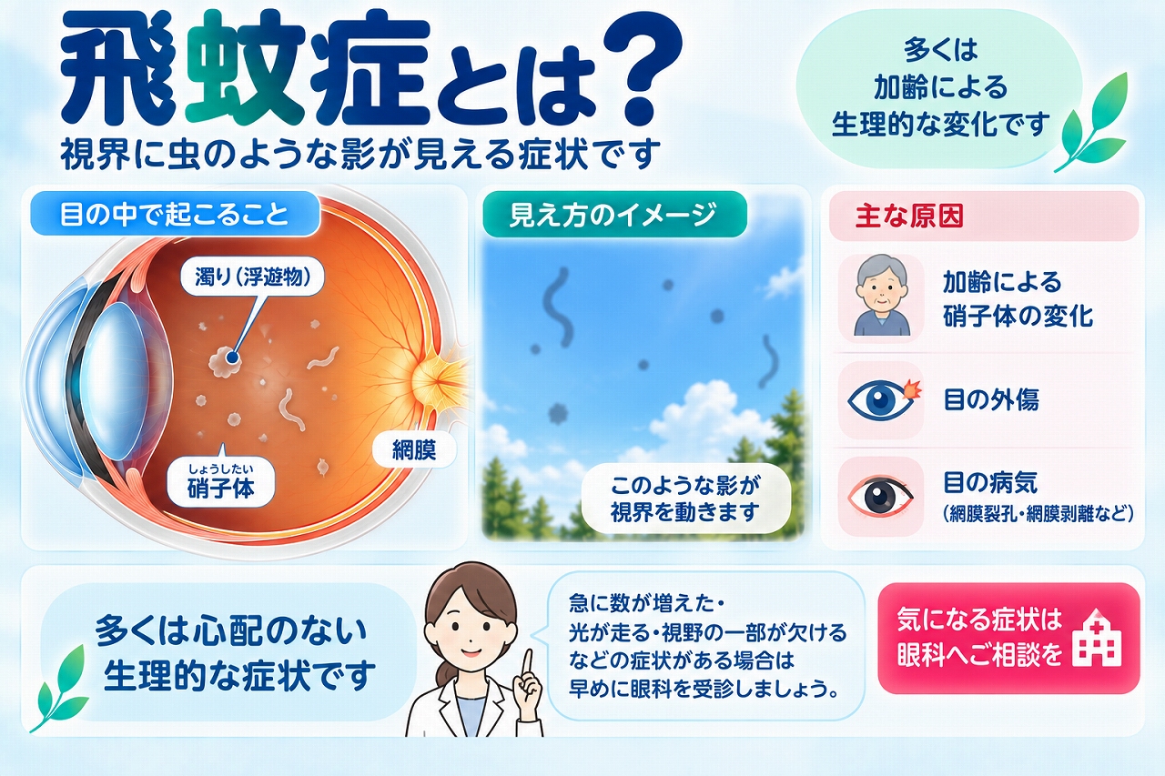 飛蚊症の仕組みや見え方を解説したインフォグラフィック。硝子体の濁りなどによって、黒い点や糸くず、虫のような影が視界に見える症状と、加齢による変化や網膜裂孔・網膜剥離など注意が必要な原因を紹介