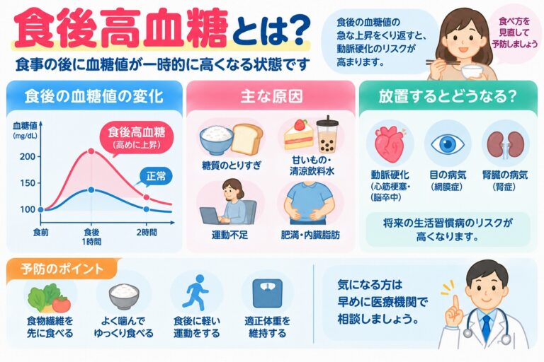 食後高血糖とは？血糖値が急上昇する原因・健康への影響・予防法を図解