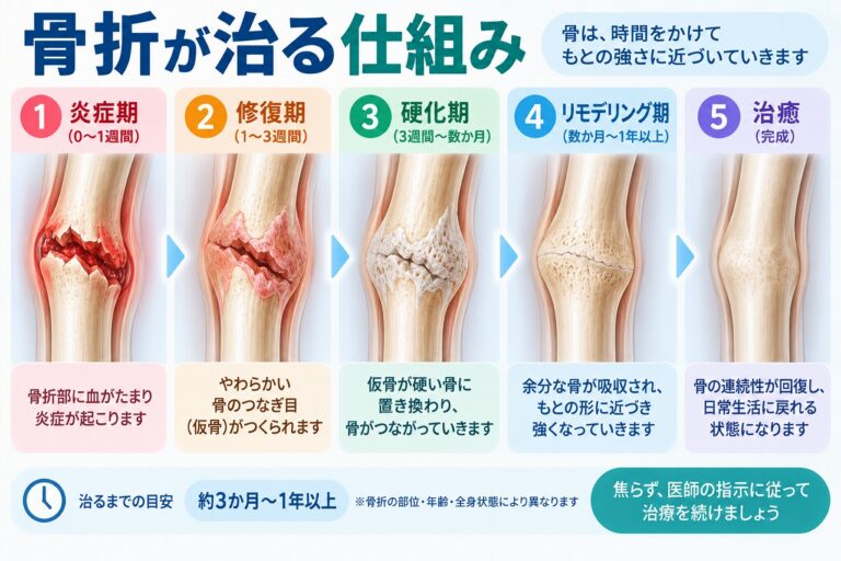 骨折が治る仕組みを、骨折直後の炎症、仮骨の形成、仮骨の硬化、骨のリモデリングを経て骨の連続性と強度が回復していくまでの流れで示した図