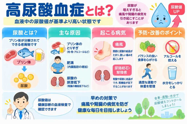 高尿酸血症とは？尿酸値が高くなる原因・痛風との関係・予防法を図解