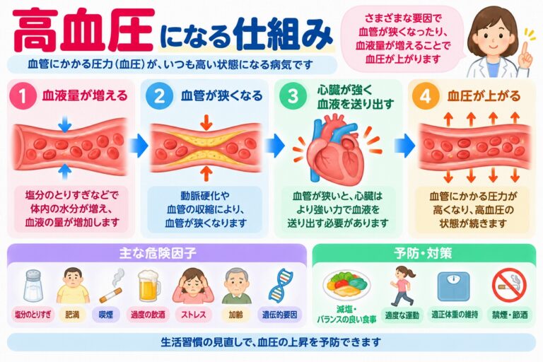 高血圧になる仕組みを解説した医療インフォグラフィック。血液量の増加、血管の収縮や動脈硬化、心臓の働きと血圧上昇の関係を4段階で図解。塩分のとりすぎ、肥満、喫煙、過度の飲酒、ストレス、加齢、遺伝的要因などの危険因子と、減塩、適度な運動、体重管理、禁煙・節酒による予防対策を紹介。