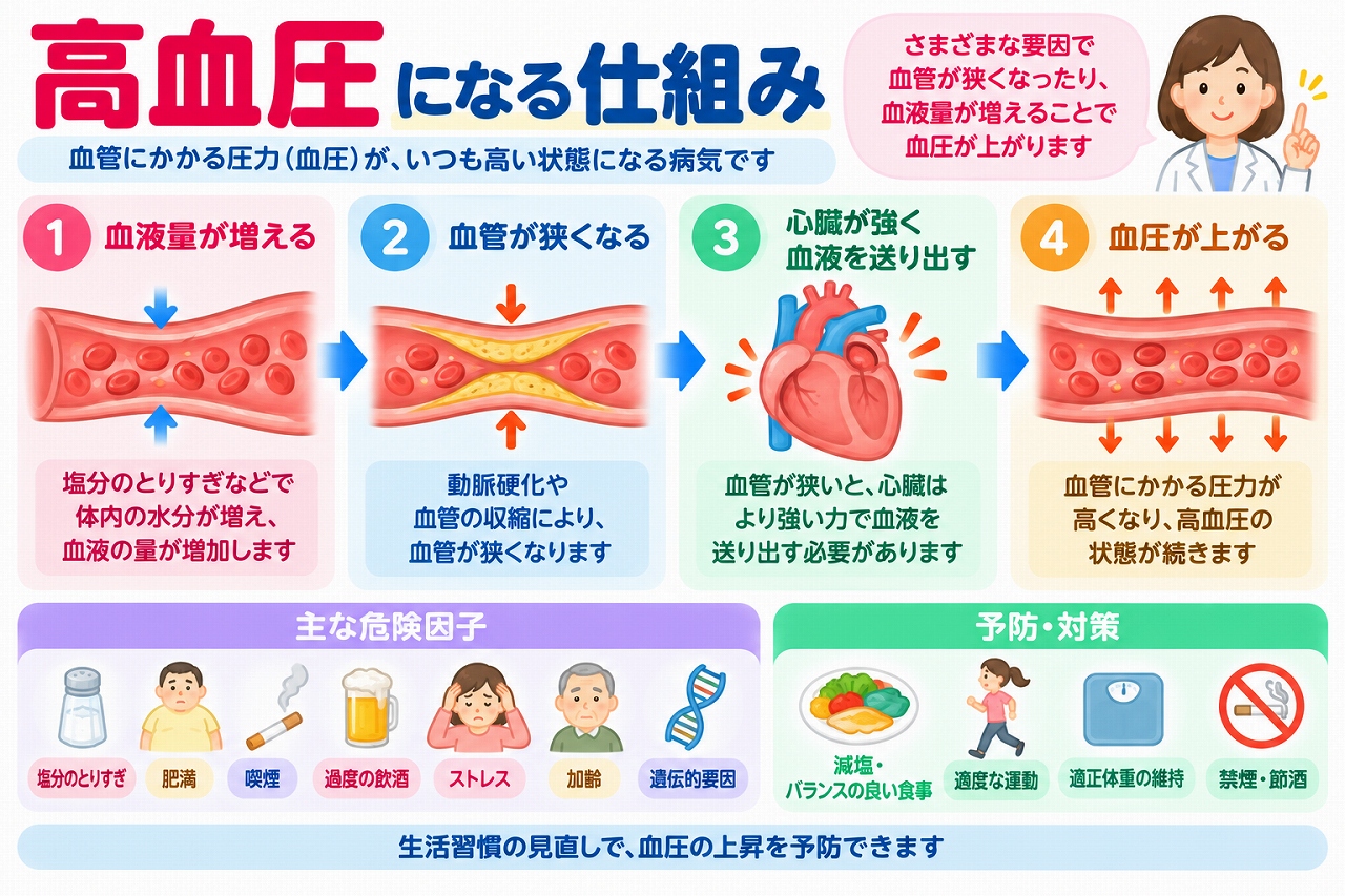 高血圧になる仕組みを解説した医療インフォグラフィック。血液量の増加、血管の収縮や動脈硬化、心臓の働きと血圧上昇の関係を4段階で図解。塩分のとりすぎ、肥満、喫煙、過度の飲酒、ストレス、加齢、遺伝的要因などの危険因子と、減塩、適度な運動、体重管理、禁煙・節酒による予防対策を紹介。