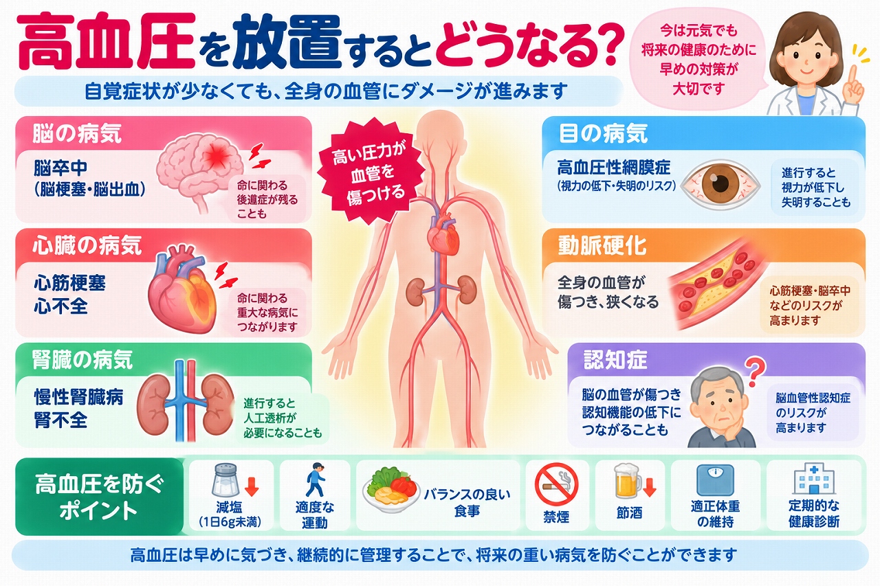 高血圧を放置した場合に起こる病気や合併症を解説した医療インフォグラフィック。脳卒中、心筋梗塞、心不全、慢性腎臓病、腎不全、高血圧性網膜症、動脈硬化、認知機能低下などのリスクをイラストで紹介。減塩、適度な運動、食生活の改善、禁煙、節酒、体重管理、定期的な血圧測定による予防対策を図解。