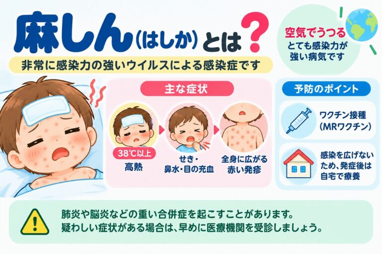 麻しん（はしか）の主な症状や感染経路、予防方法を解説した医療インフォグラフィック。高熱、咳、鼻水、目の充血、全身に広がる赤い発疹などの症状を子どものイラストで紹介。空気感染による強い感染力と、MRワクチンによる予防、肺炎や脳炎などの合併症への注意点を図解。
