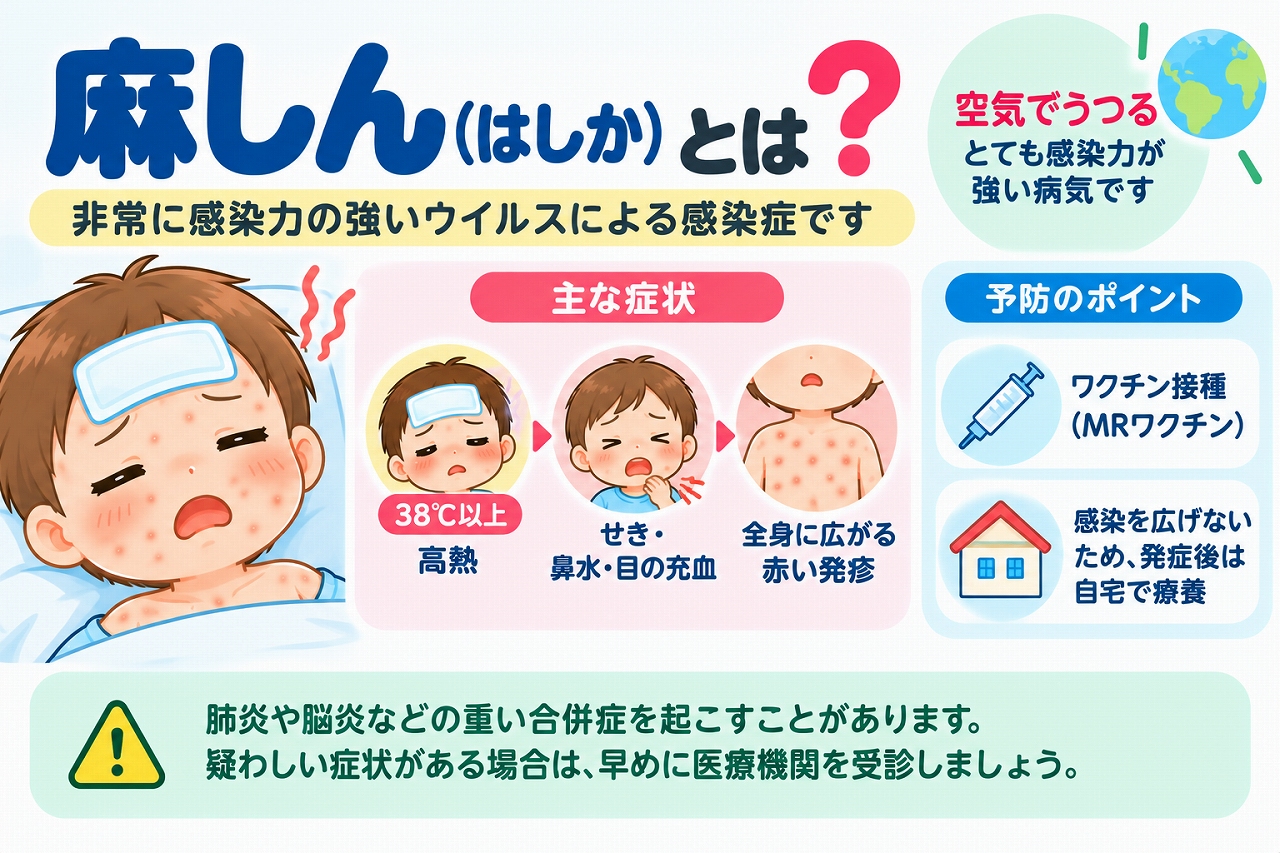 麻しん（はしか）の主な症状や感染経路、予防方法を解説した医療インフォグラフィック。高熱、咳、鼻水、目の充血、全身に広がる赤い発疹などの症状を子どものイラストで紹介。空気感染による強い感染力と、MRワクチンによる予防、肺炎や脳炎などの合併症への注意点を図解。