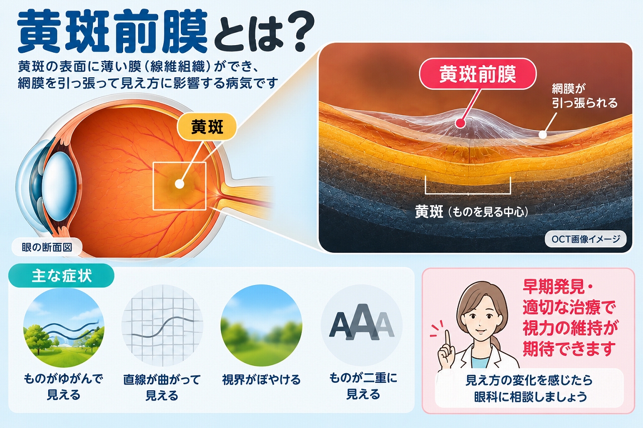 黄斑前膜の仕組みや症状を解説したインフォグラフィック。黄斑の表面に薄い膜ができて網膜を引っ張ることで、ものがゆがむ、直線が曲がる、視界がぼやける、二重に見えるなどの症状が起こることを紹介