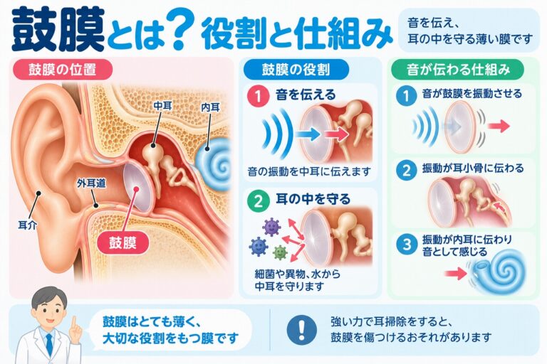 鼓膜の位置や役割、音が伝わる仕組みを解説したインフォグラフィック。外耳道の奥にある鼓膜が音の振動を受けて耳小骨へ伝え、内耳へ音を届ける働きや、中耳を異物や水などから守る役割を紹介