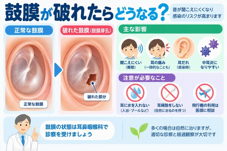 鼓膜が破れたときの症状や注意点を解説したインフォグラフィック。正常な鼓膜と鼓膜穿孔を比較し、聞こえにくさ、耳の痛み、耳だれ、中耳炎のリスクや、耳に水を入れない・耳掃除を控えるなどの注意点を紹介