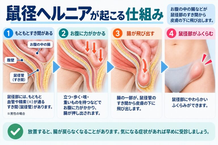 鼠径ヘルニアが起こる仕組み｜腸が鼠径部に飛び出す原因