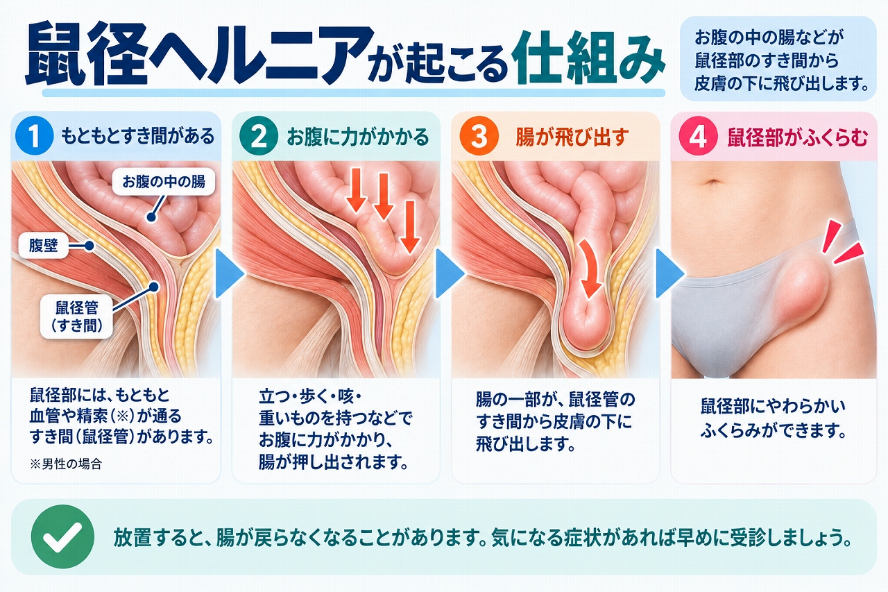 鼠径ヘルニアが起こる仕組みを、鼠径部のすき間に腹圧がかかり、お腹の中の腸などが鼠径管を通って皮膚の下へ飛び出し、足の付け根にふくらみができるまでの流れで示した図