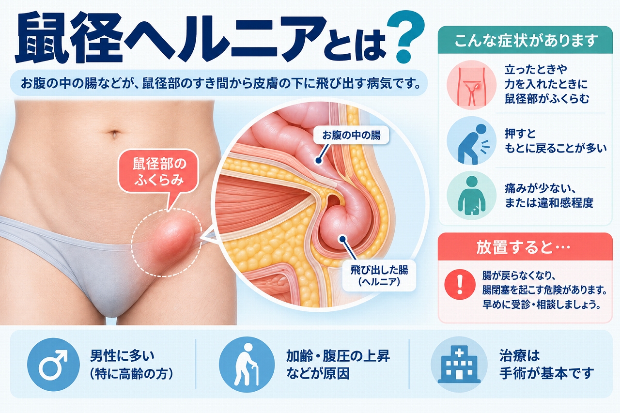 鼠径ヘルニアとは、お腹の中の腸などが鼠径部のすき間から皮膚の下へ飛び出す病気で、足の付け根のふくらみや症状、嵌頓の危険性、治療について示した図