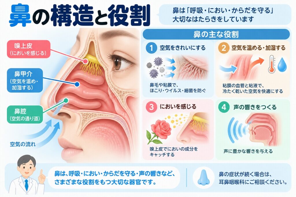 鼻の構造と役割｜呼吸・嗅覚・加温・加湿など鼻の働きを解説